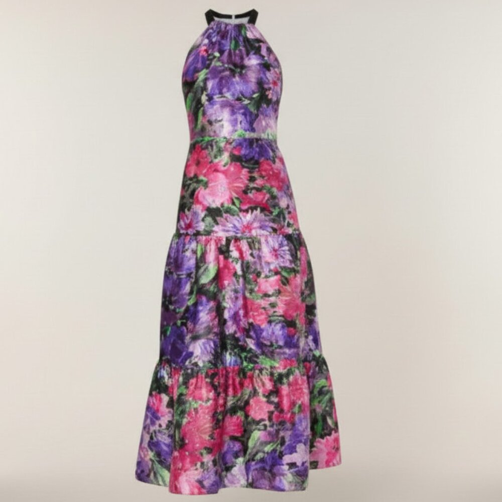 Milly New York Hayden Floral Metallic Halter Dress Open Back Tiered Size 8